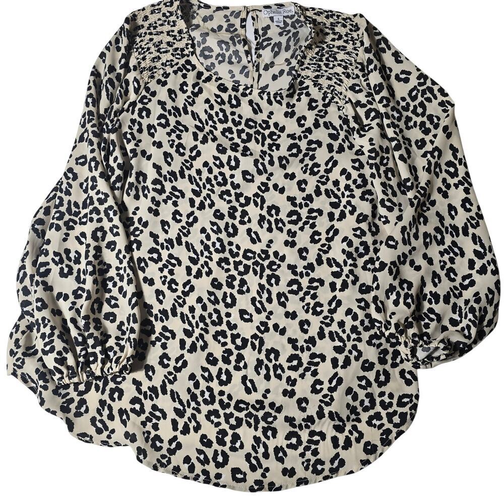 Ophelia Roe Cream Black Animal Print Blouse Women's Sz Large